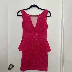 Short sexy hot pink with sequence dress. Mesh cut off V neck